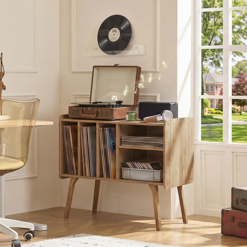 32" Large Record Player Stand with Charging Station, Rustic Brown