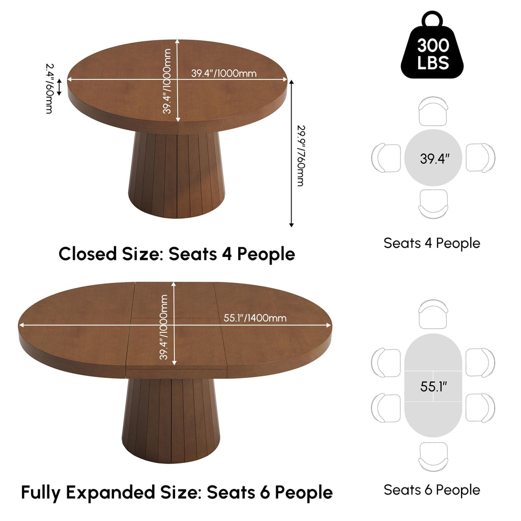 Extendable Dining Table Round to Oval 39"-55", Solid Wood Walnut Kitchen Table for 4-6 People, Space-Saving Design