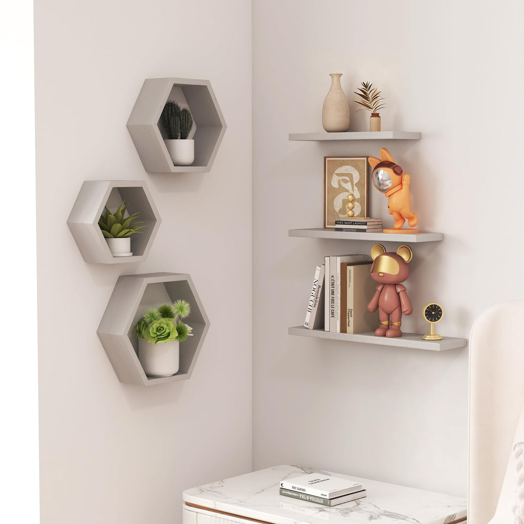 Wooden Hexagon Floating Shelves Wall Mounted, Set of 6 Pine Hexagon Shelves Display for Photos, Plants, Rustic Honeycomb
