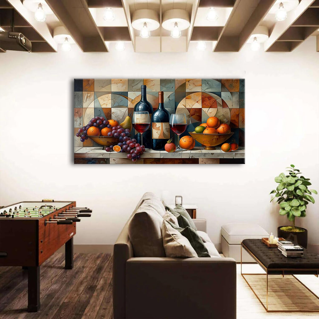 Geometric Kitchen Wall Art Abstract Wine Canvas Prints Red Wine Glass and Fruit Pictures Rustic Farmhouse Still Life