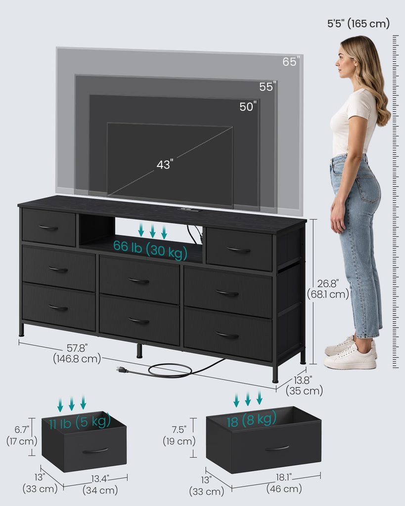 Dresser with Outlets & LED Lights, 8 Fabric Drawers