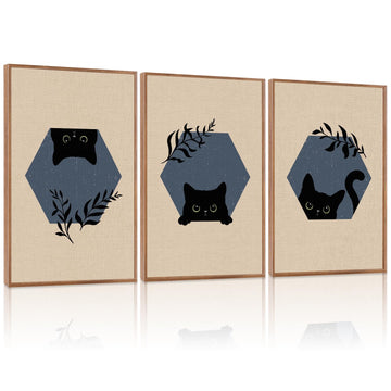 Boho Black Cat Framed Canvas Wall Art, Abstract Cute Animal Wall Decor, Modern Funny Kitty Painting, Beige Dark Leaves