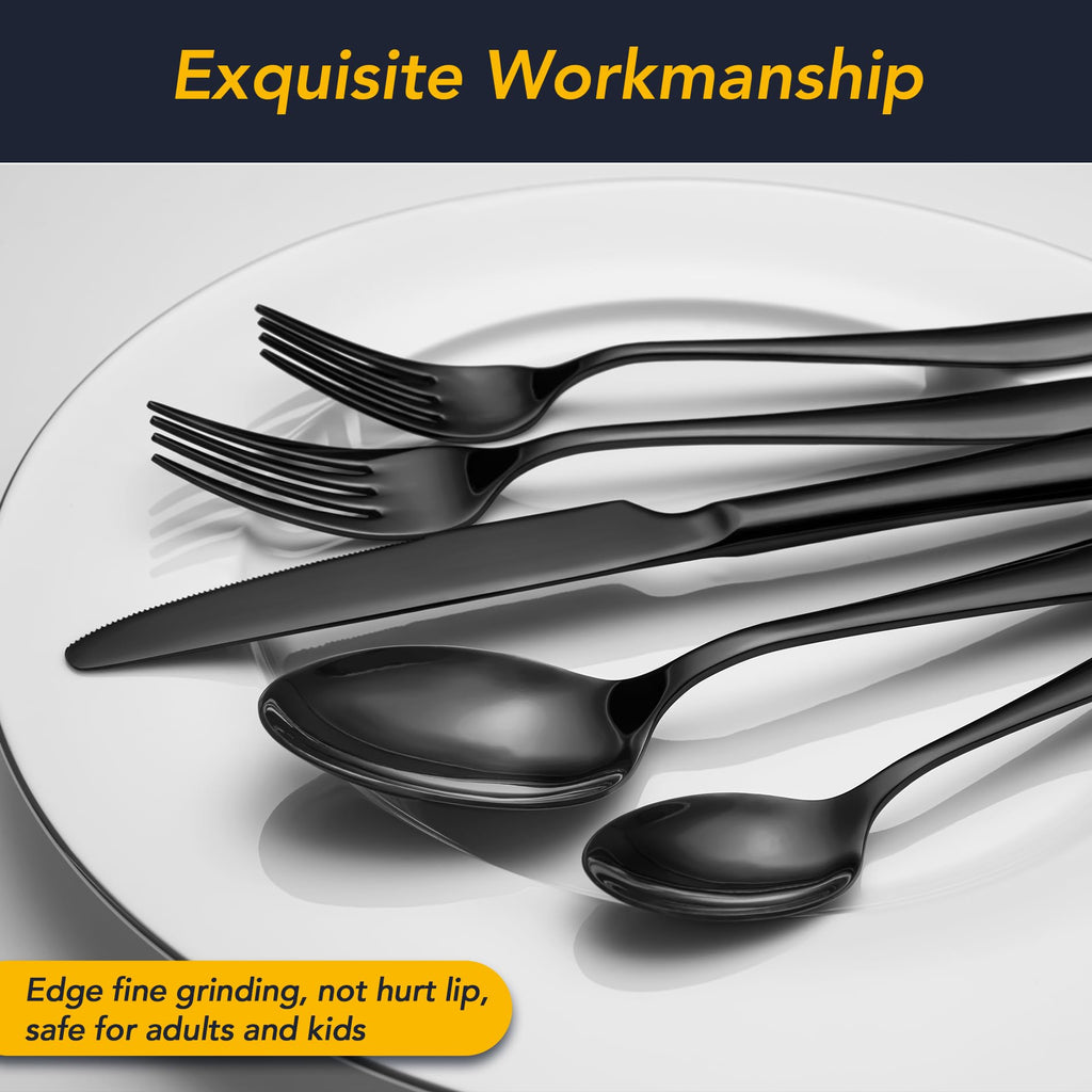 40 Piece Black Silverware Set Service for 8, Premium Stainless Steel Black Cutlery Set, Mirror Polished Flatware