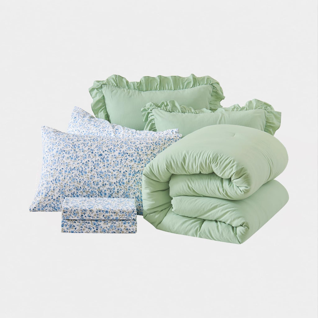 Comforter Set 7 Pieces Mint Green Ruffle Bedding Set