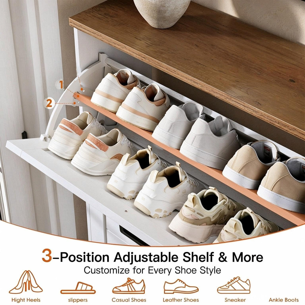Shoe Storage Cabinet, Freestanding Fluted Accent Ultra Slim Shoe Cabinet with 3 Flip Drawers, Farmhouse Shoe Rack