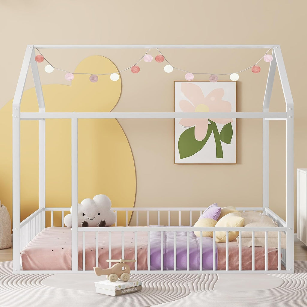 Floor Bed Frame, Metal Montessori Floor Bed with Fence for Boys Girls Bedroom Playhouse for Kids No Slat