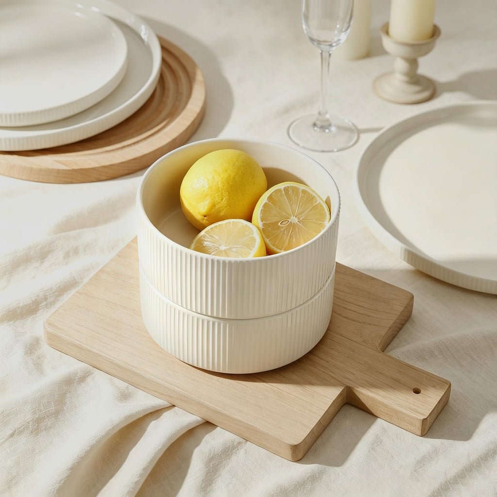 Stoneware Dinnerware Sets for 4, 12Pcs Plates and Bowls Set, Cream White