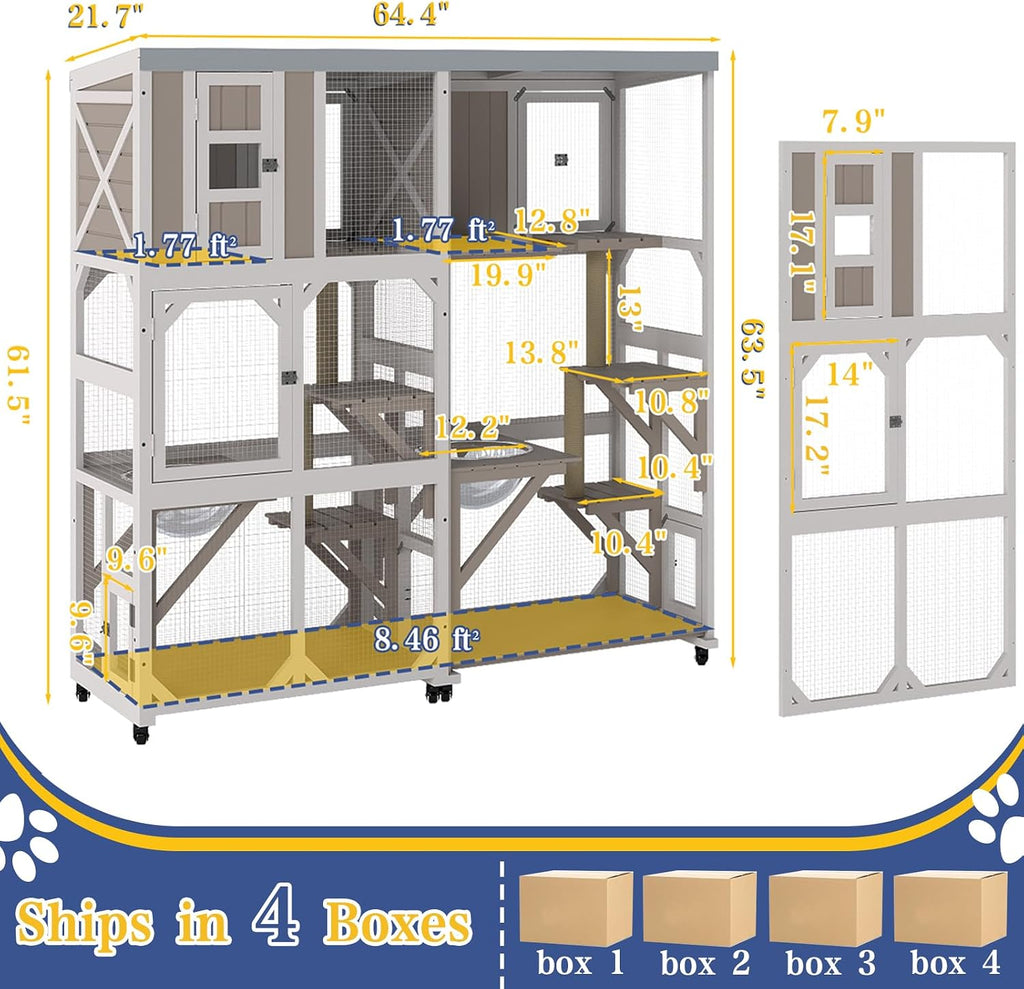 Large Wooden Window Catio Outdoor Cat Enclosure on Wheels