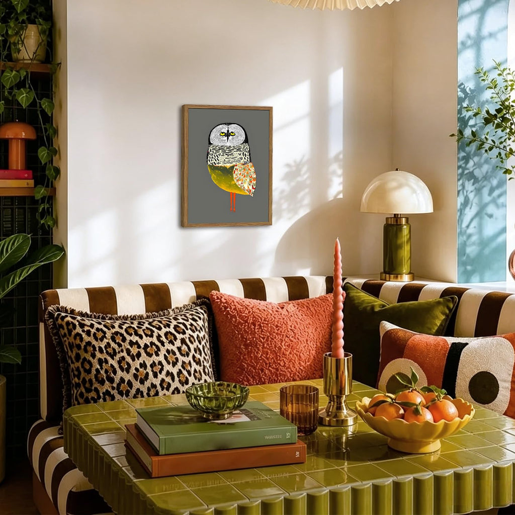 Funny Owl Wall Art, Whimsical Bird Wall Decor Painting Cute Animal Poster Canvas Print Picture for Farmhouse Living