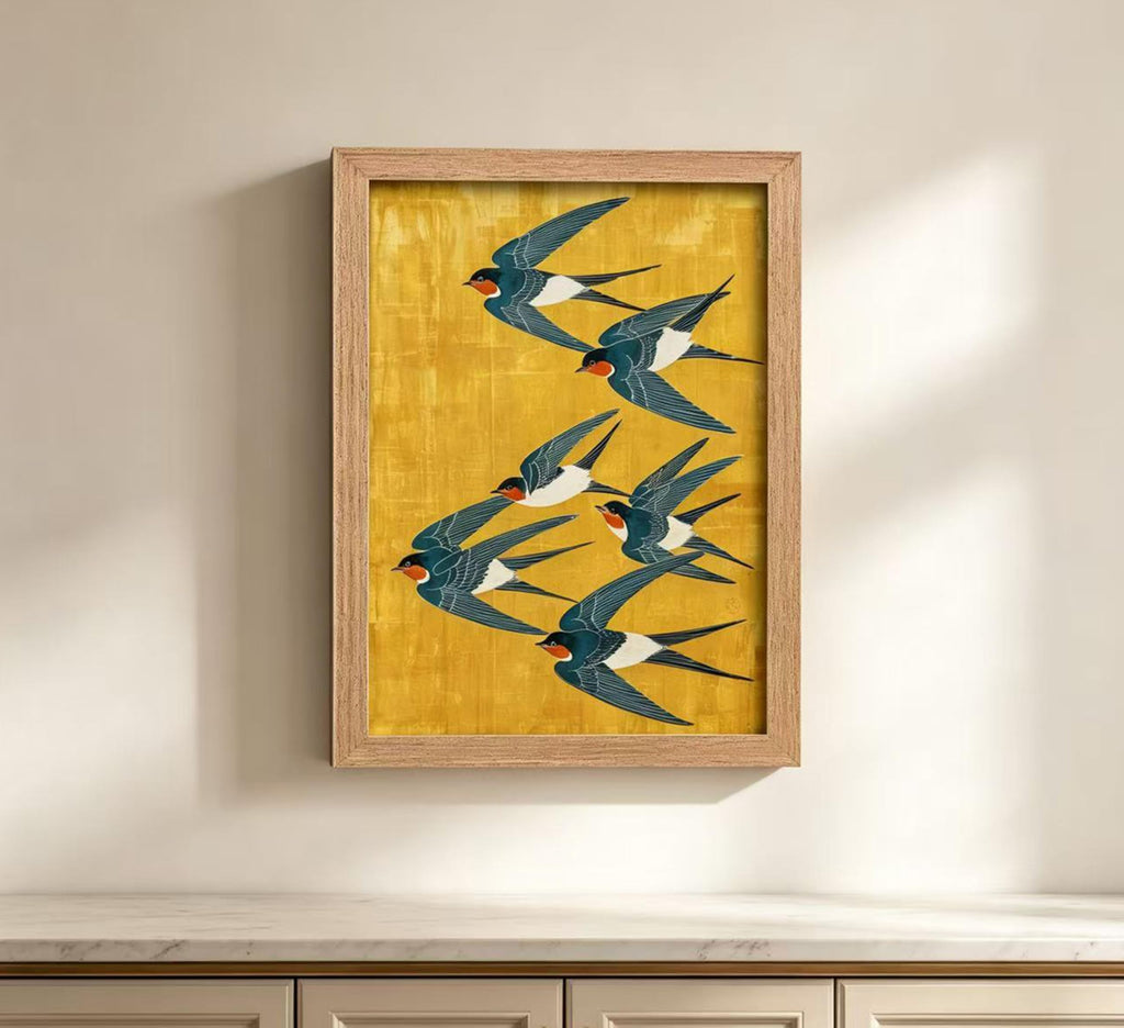 Wood Framed Swallow Wall Art, Vintage Japanese Bird Canvas Print, Japanese Flying Swallow Wall Decor, Cottage