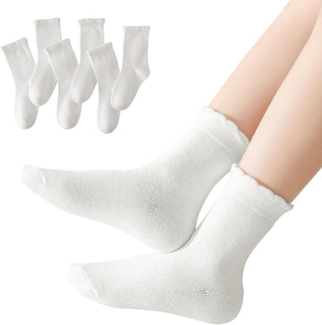 6 Pair Girls White Dressy Textured Short Socks Scallop Top Design
