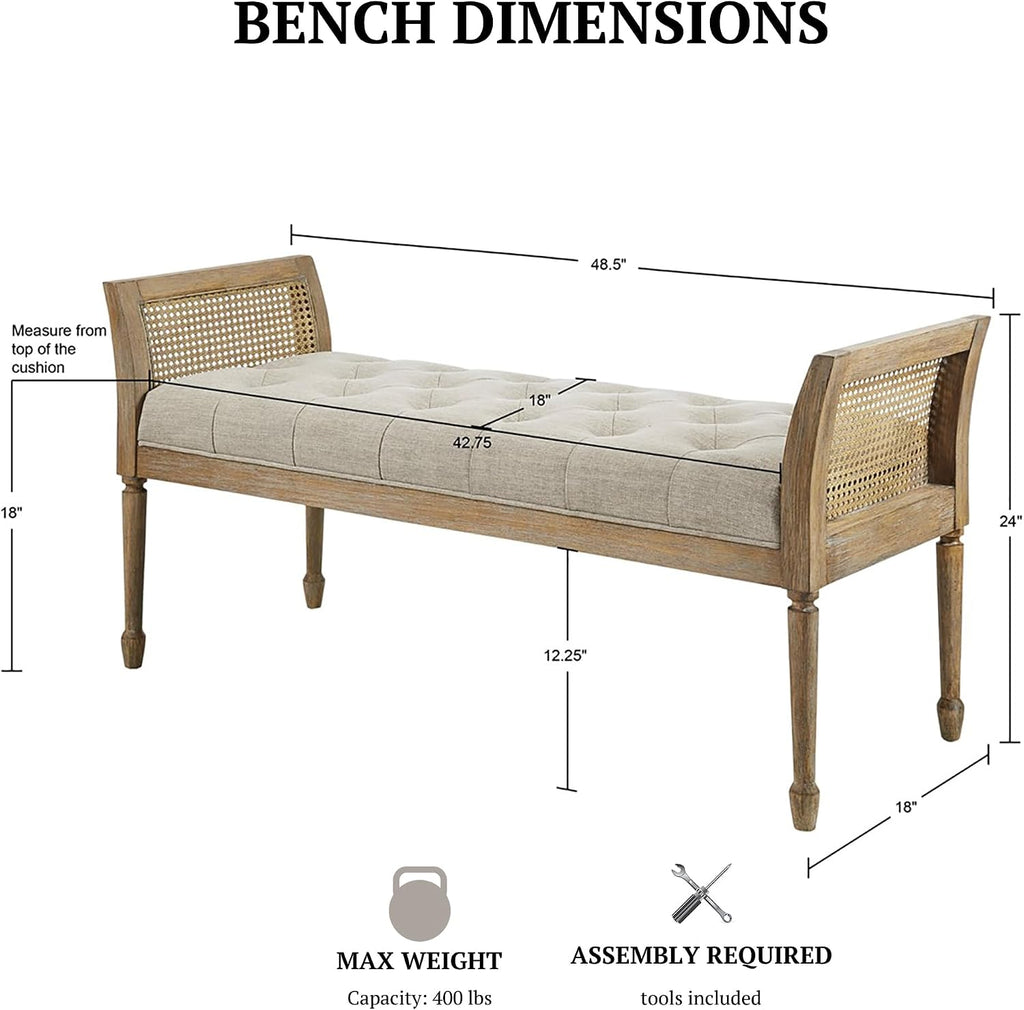 Isla Entryway Accent Bench Bedford Collection, Tufted Seat, Cane Side Frames, Farmhouse Bed End Bench , Indoor