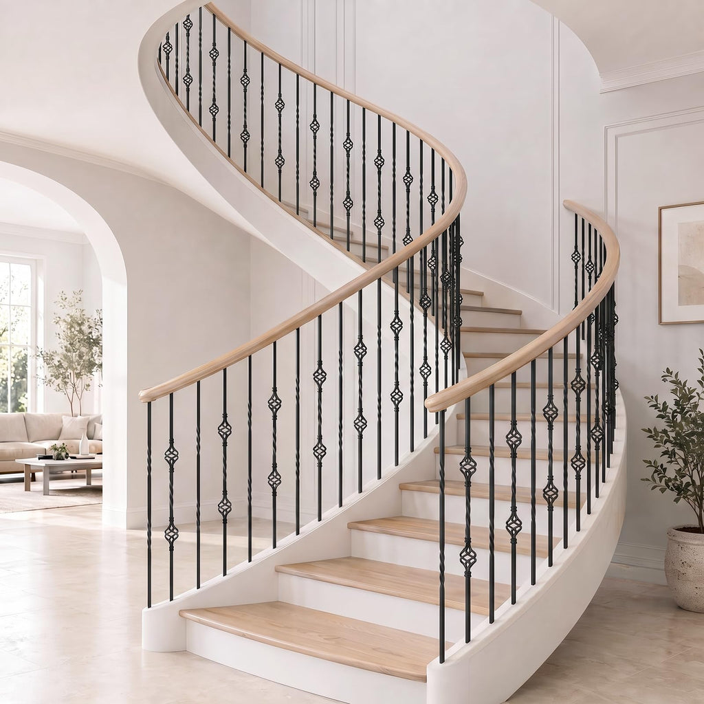 16 Pcs Wrought Iron Balusters for Staircase Interior, 44" Hollow Double Basket with Double Twist Metal Stair Spindles