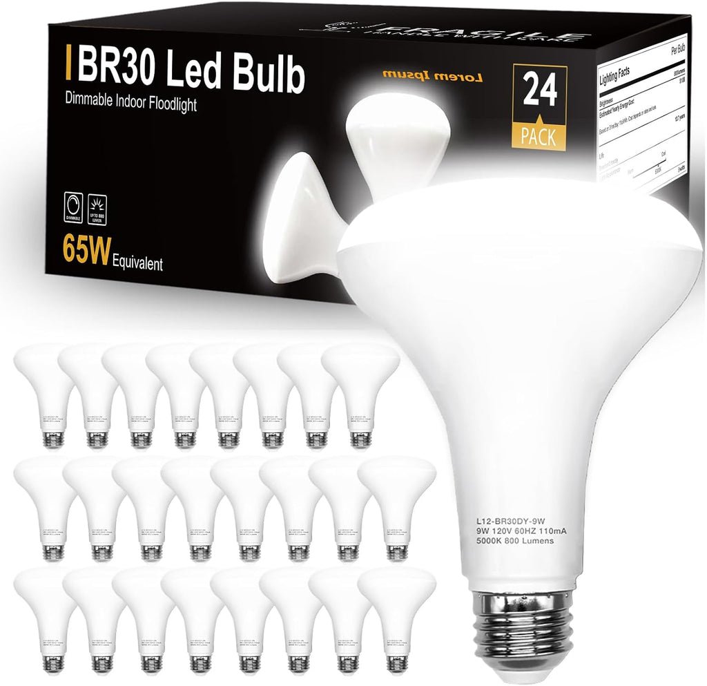 24 Pack BR30 LED Bulbs 65W Equivalent, Dimmable Indoor Flood Lights 5000K Daylight White, 9W, 800 Lumens, E26 Base