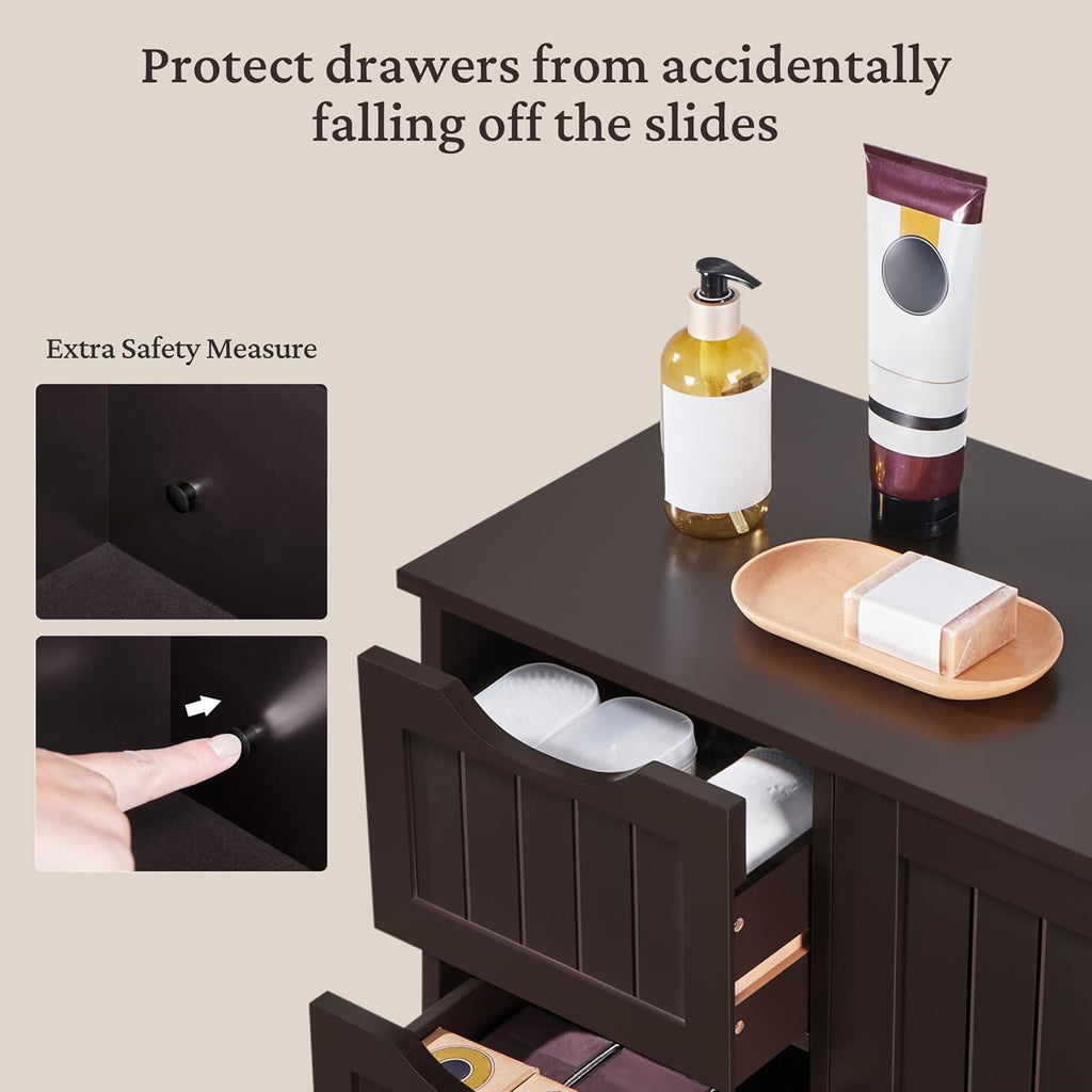 Small Bathroom Storage Cabinet with 4 Drawers & Door, Espresso | Floor Cabinet Organizer , 3-Position Adjustable