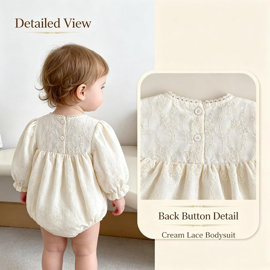 Baby Girl Long Sleeve Romper Floral Embroidery Lace Ruffle Collar Bubble Bodysuit for Spring Fall Outfit