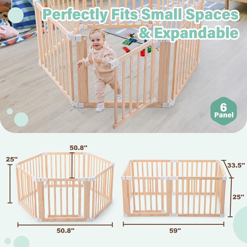 Foldable Wooden Playpen-51x51x25in-Large Baby Gate Playpen with Child-Proof Lock-Easy Assembly, Portable Design for