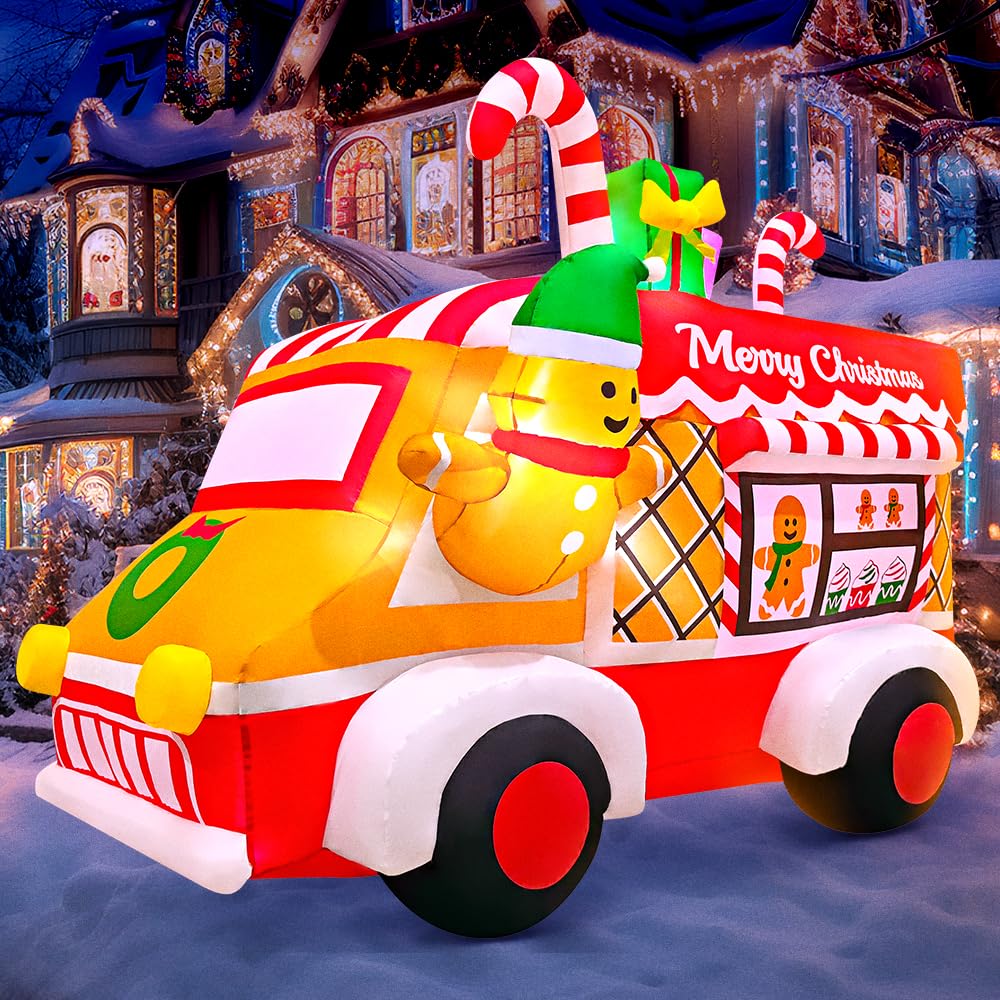 6FT Christmas Inflatables Truck, Gingerbread Car Blow Up Yard Decoration Xmas Inflatable Train with Built-in LEDs for
