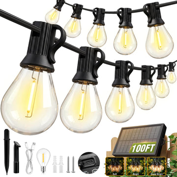 Solar String Lights Outdoor, IP65 Waterproof Shatterproof Dimmable LED Bulbs, Solar & USB Powered, 20+ Hrs Long