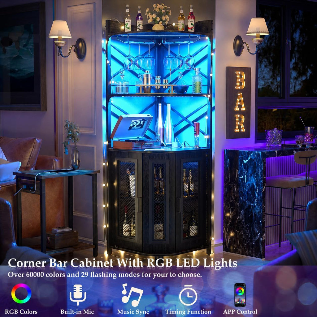 Corner Bar Cabinet with Power Outlet, Industrial Liquor Cabinet | 5-Tiers Wine Cabinet Mini Bar Unit with LED Strip