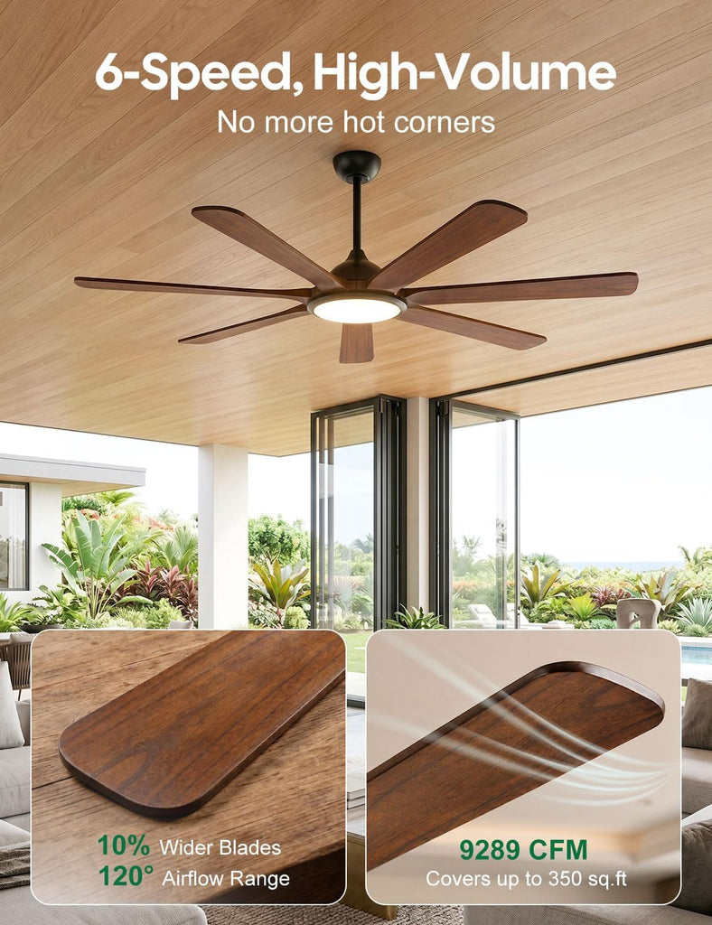 60 inch Smart Wood Ceiling Fan with Light, Remote/Alexa/App Control, Farmhouse Rustic Style, 7 Solid Walnut Blades