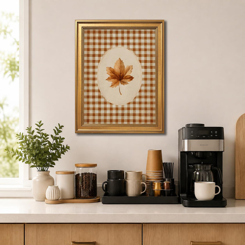 Gold Framed Autumn Leaf Canvas Wall Art Print Gingham Fall Botanical Painting Rustic Cottagecore Farmhouse Picture