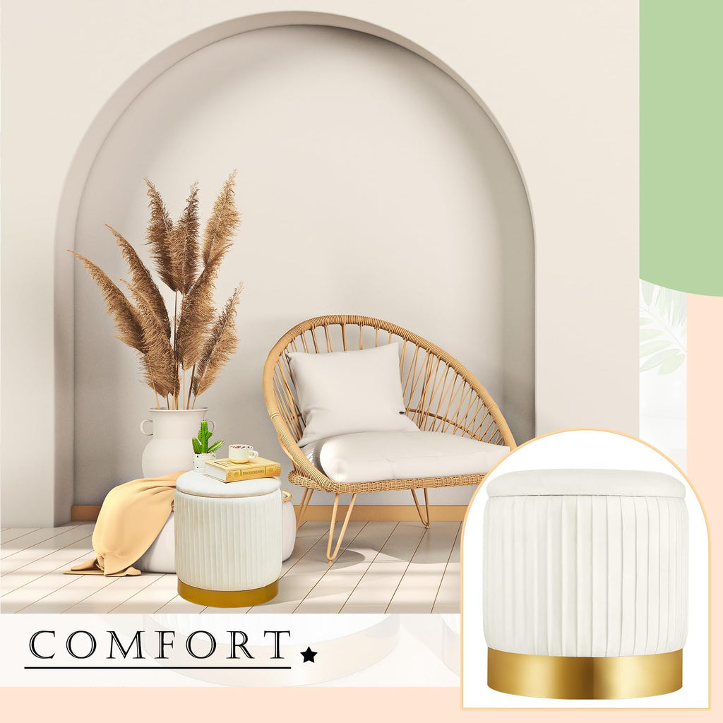 2 Pcs Round Ottoman with Storage White Velvet Storage Ottoman Stool with Removable Lid Gold Base Living Room Bedroom