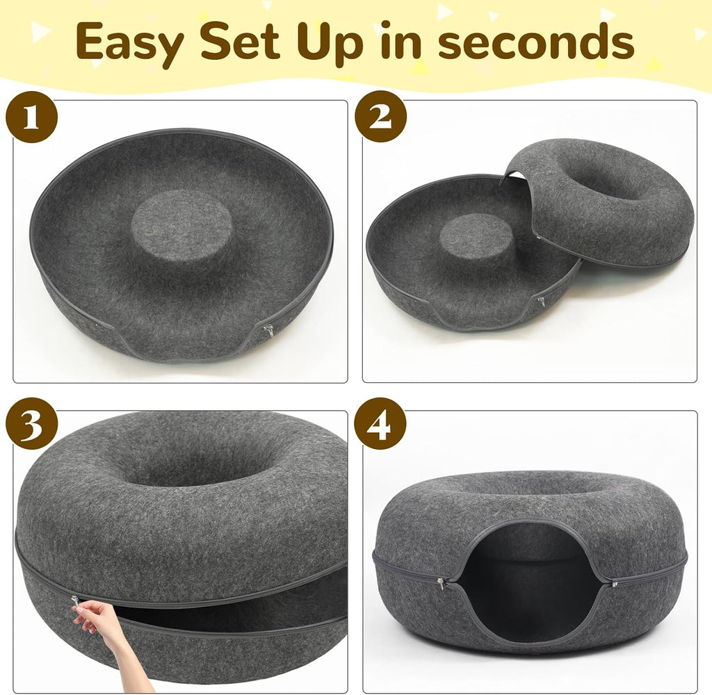 Large Peekaboo Cat Cave Donut Tunnel 24" for Indoor Cats, Dark Grey