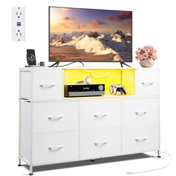 LED TV Stand for 55 Inch TV, 8 Fabric Drawers, White