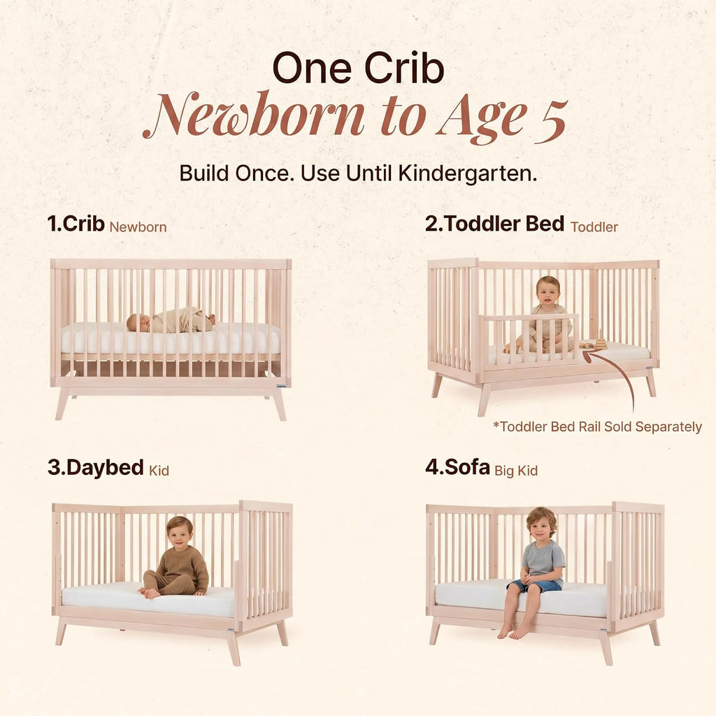Baby Soho 3-in-1 Convertible Wood Crib Bed, Made in Italy, Washed | Crib to Toddler Bed, GREENGUARD Gold Certified