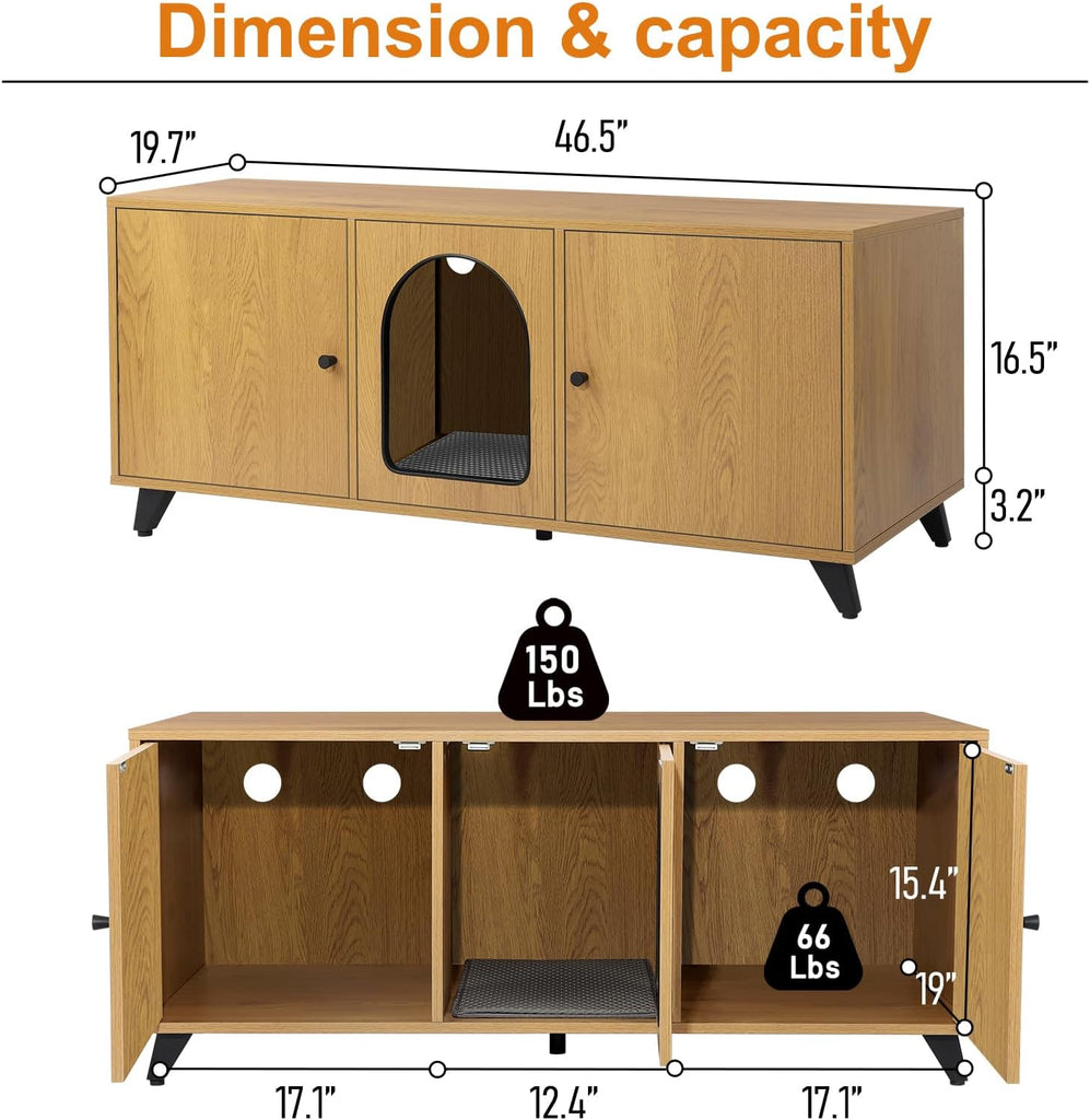 Cat Litter Box Enclosure for 2 Cats, Modern Hidden Litter Box Furniture with Double Room, Large Cat House Washroom