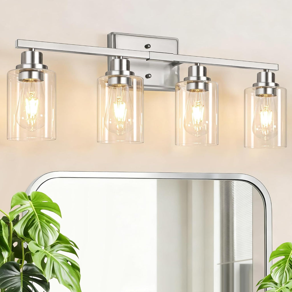 4-Light Bathroom Light Fixtures, Modern Vanity Lights with Clear Glass Shades, Brushed Nickel Bathroom Wall Lamp for