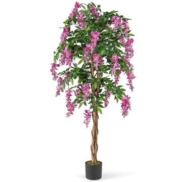 5.5FT Ficus Artificial Tree, Faux Wisteria Tree Pot with Blooming Flowers, Fake Potted Tree Greenery Floor Plant for