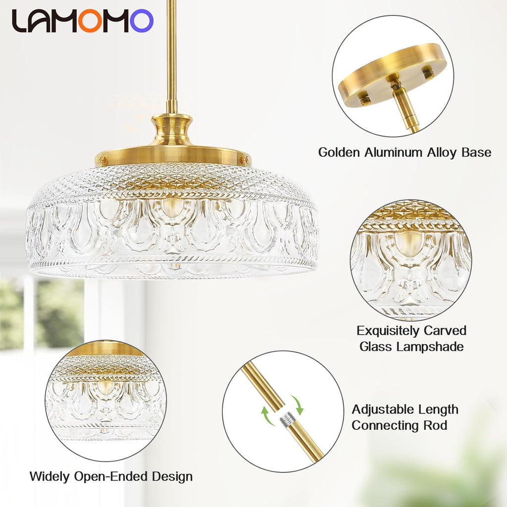3-Light Adjustable Pendant Lights Kitchen Island, 12in Brushed Gold Modern Clear Glass Ceiling Mount Hanging Lighting