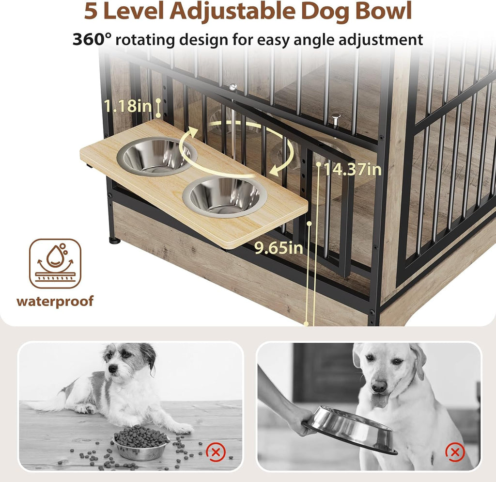 78 Double Dog Crate Furniture for 2 Large Dogs Indoor, Wooden Furniture Dog Crates with Dog Bowl, Dog Kennel
