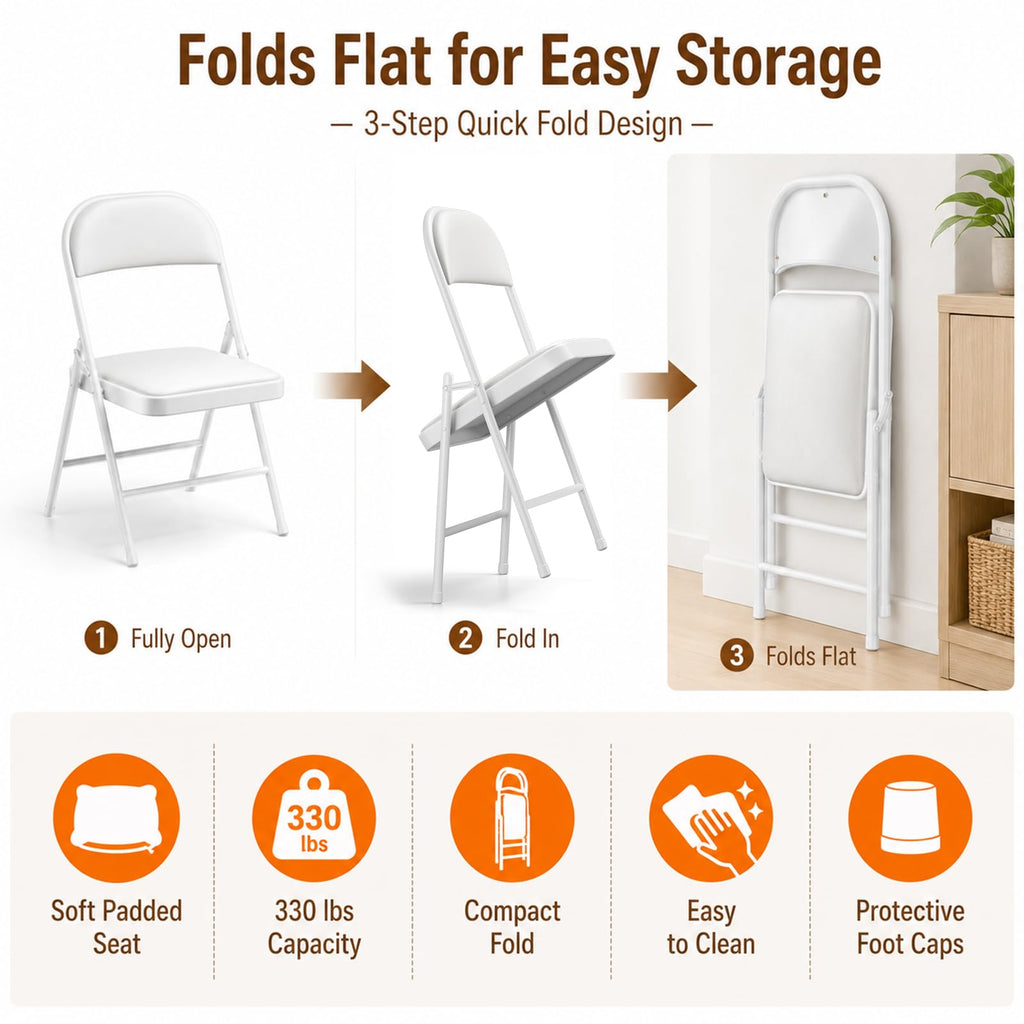 2 Pack PU Leather Folding Chair with Padded, White