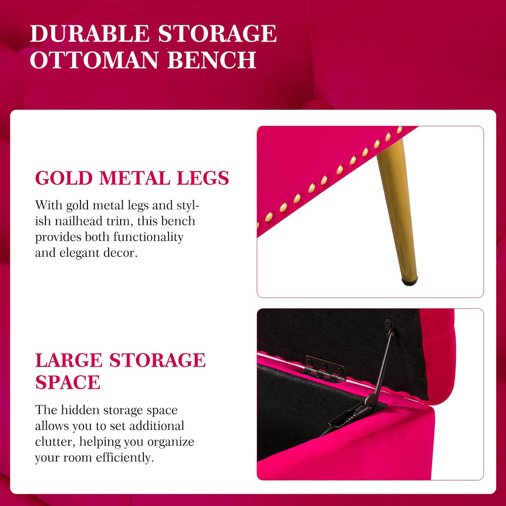 Modern Velvet Storage Ottoman Bench with Gold Base & Nailhead Trim, Upholstered Bedroom Bench for End of Bed