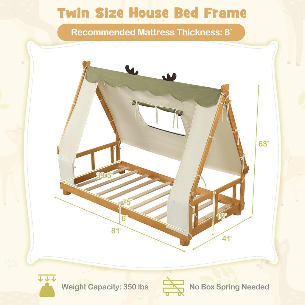Twin Floor Bed for Kids, House Wood Bed Frame with Tent, Window, Fence Guard Rails, & Wooden Slat Support, No Box