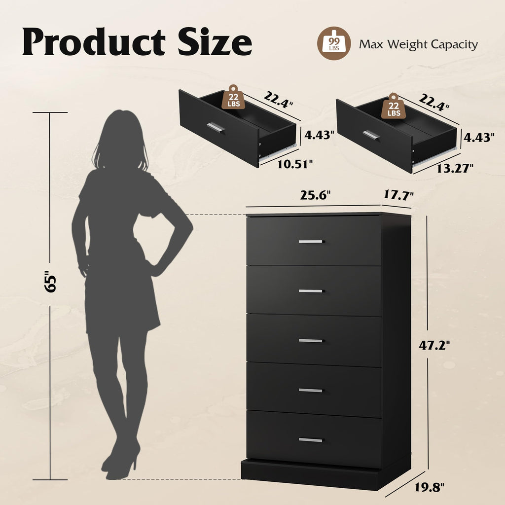 Black 5 Drawer Tall with SGS-Tested Anti-Tip