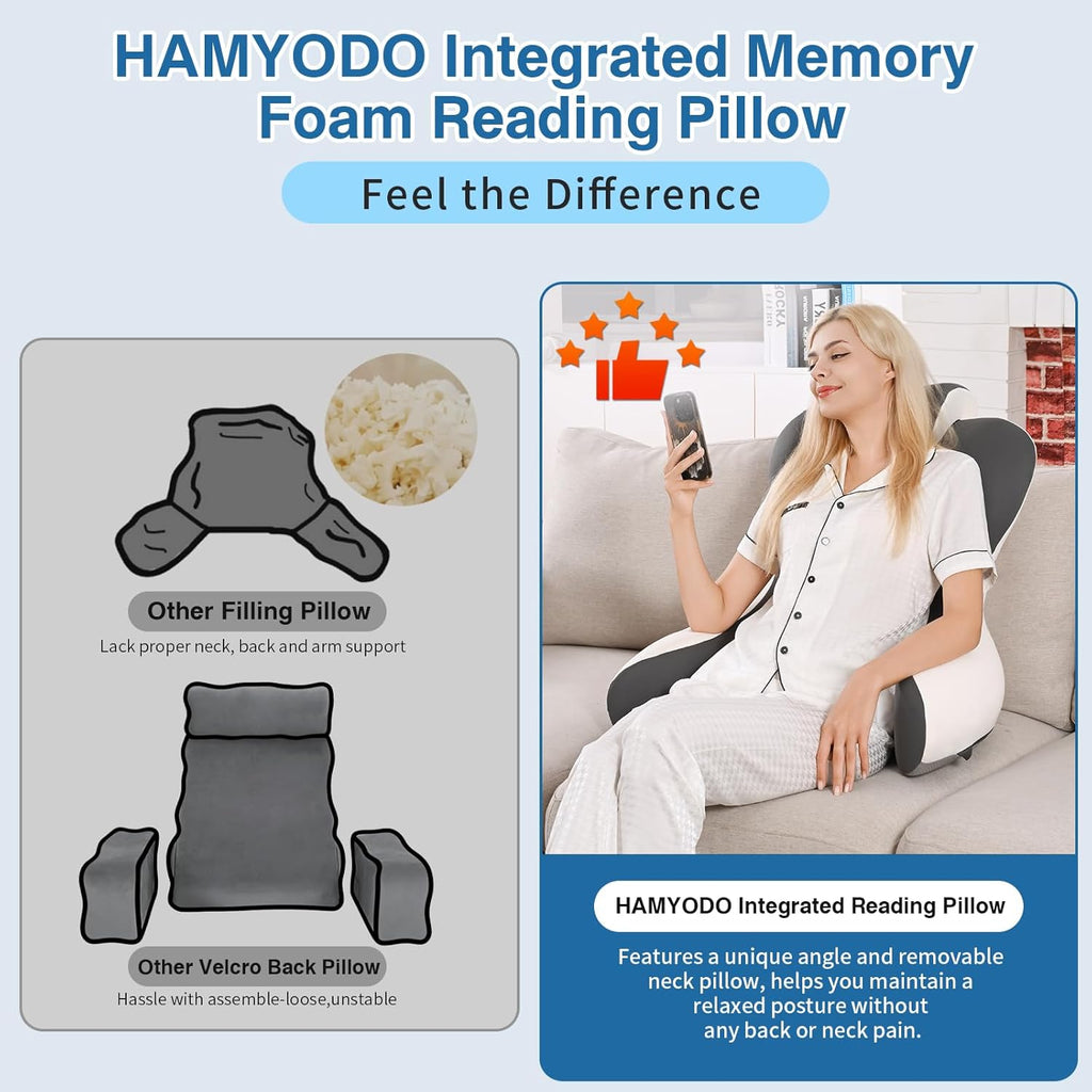 22" XL Reading Pillow Sitting in Bed,Back Support & Armrests(Grey & White) | OEKO-TEX,Back Rest & Lumbar Support