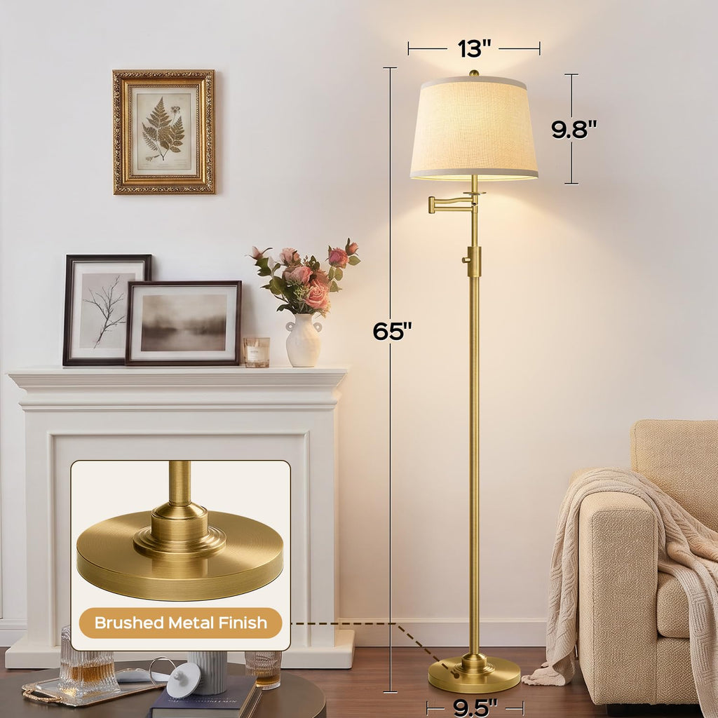 Dimmable Floor Lamp with 350° Swing Arm, 9w Bulb Included, Gold Brass