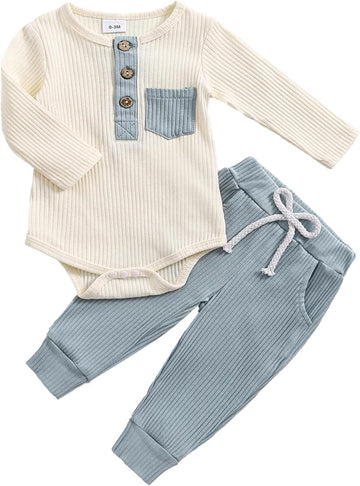 Baby Boy Clothes 3 6 12 Ribbed Knitted Long Sleeve Romper and Pants Sets Newborn Fall Splicing Color Outfits
