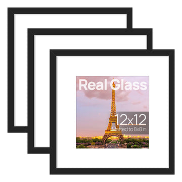 12x12 Picture Frame, Gallery Glass Poster Frames Set of 3, Black
