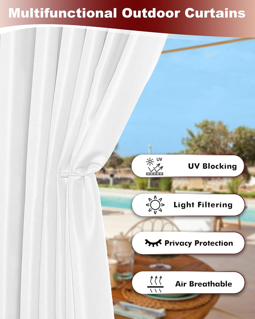 White Grommet Outdoor Curtains Waterproof 8 Pcs 54x84 In | Weatherproof Balcony Outside Curtains, Poolside Privacy