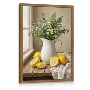 Wood Framed Lemon Botanical Wall Art, Rustic Wildflower Still Life Wall Decor, Farmhouse Daisy Floral Poster Print