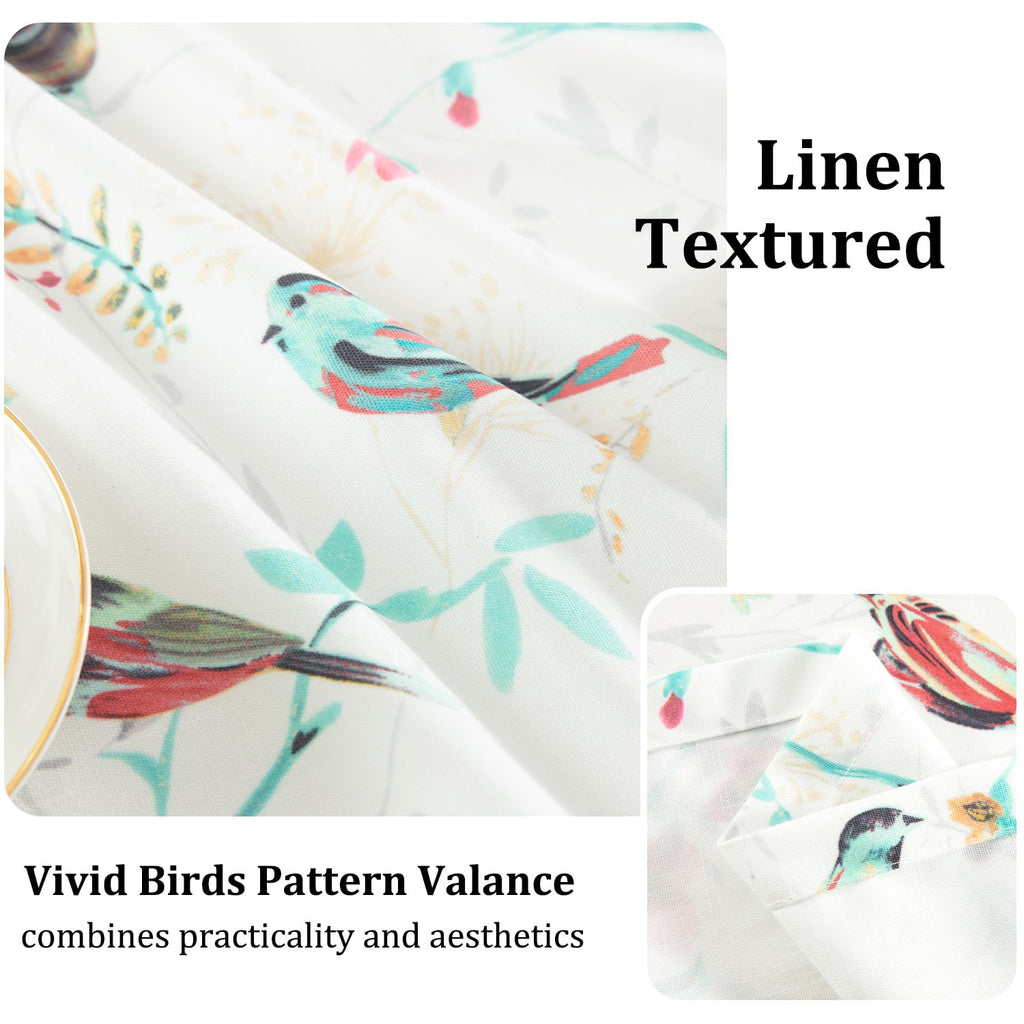 Linen Textured Bird Floral Valance, 60 x 14, 1 Panel, Cyan