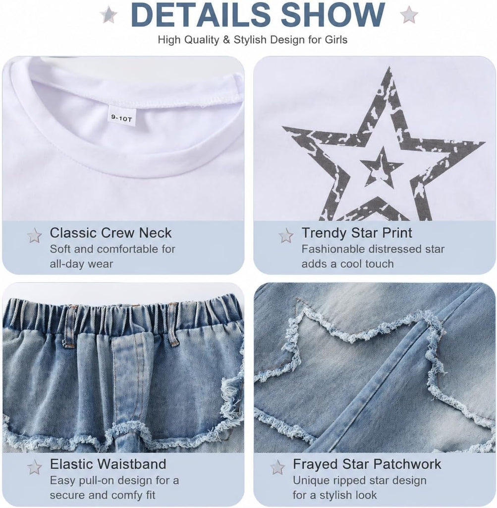 Girls 2 Piece Outfit Set Fall Star Top and Wide Leg Jeans Set