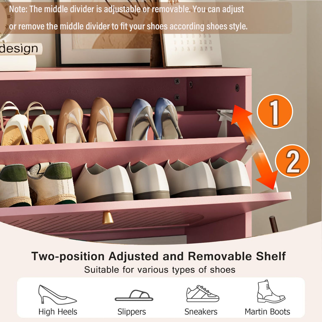 Shoe Storage Cabinet with 2 Fluted Flip Drawers, Pink