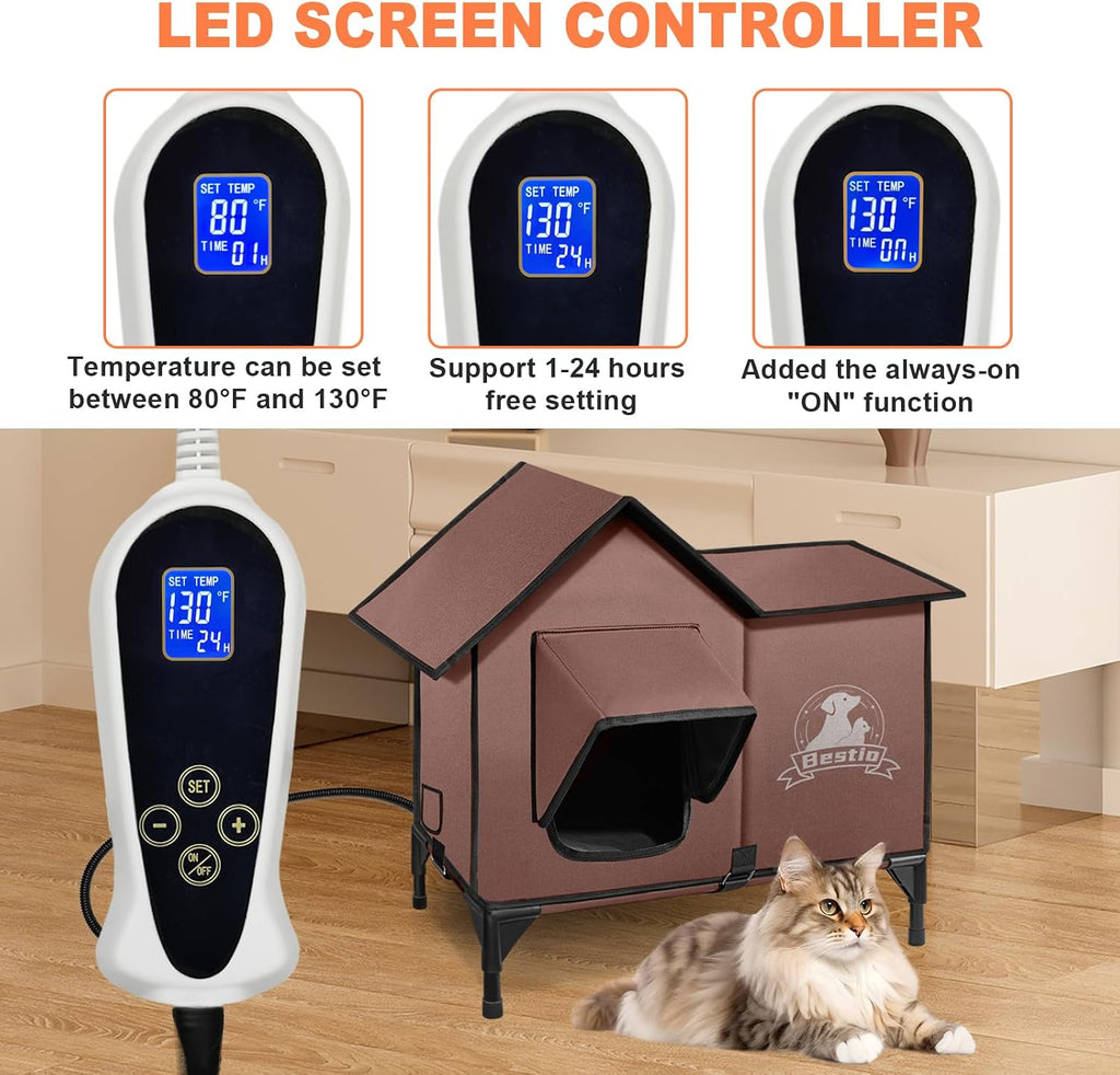 Large Heated Cat House for Outside 21x17x17 in with Elevated Base Cat-Attracting Eave Design Feral Stray