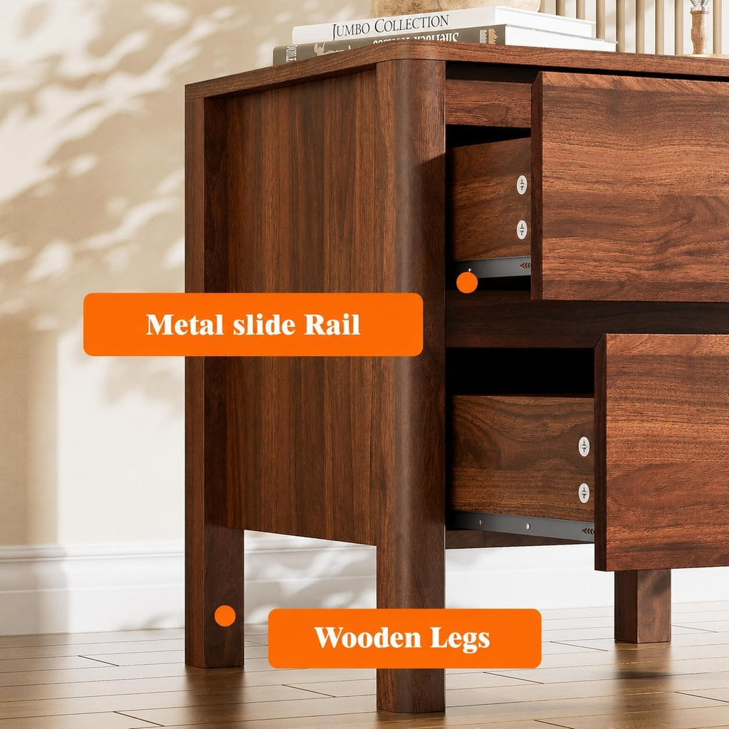 Walnut Mid-Century Modern 3 Piece Bedroom Furniture Set, 6 Drawer Dresser with Handleless Wood Grain Design and